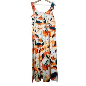 Ann Taylor Leaf Print Midi Dress 12 Orange Navy Cotton Blend Sleeveless Boho